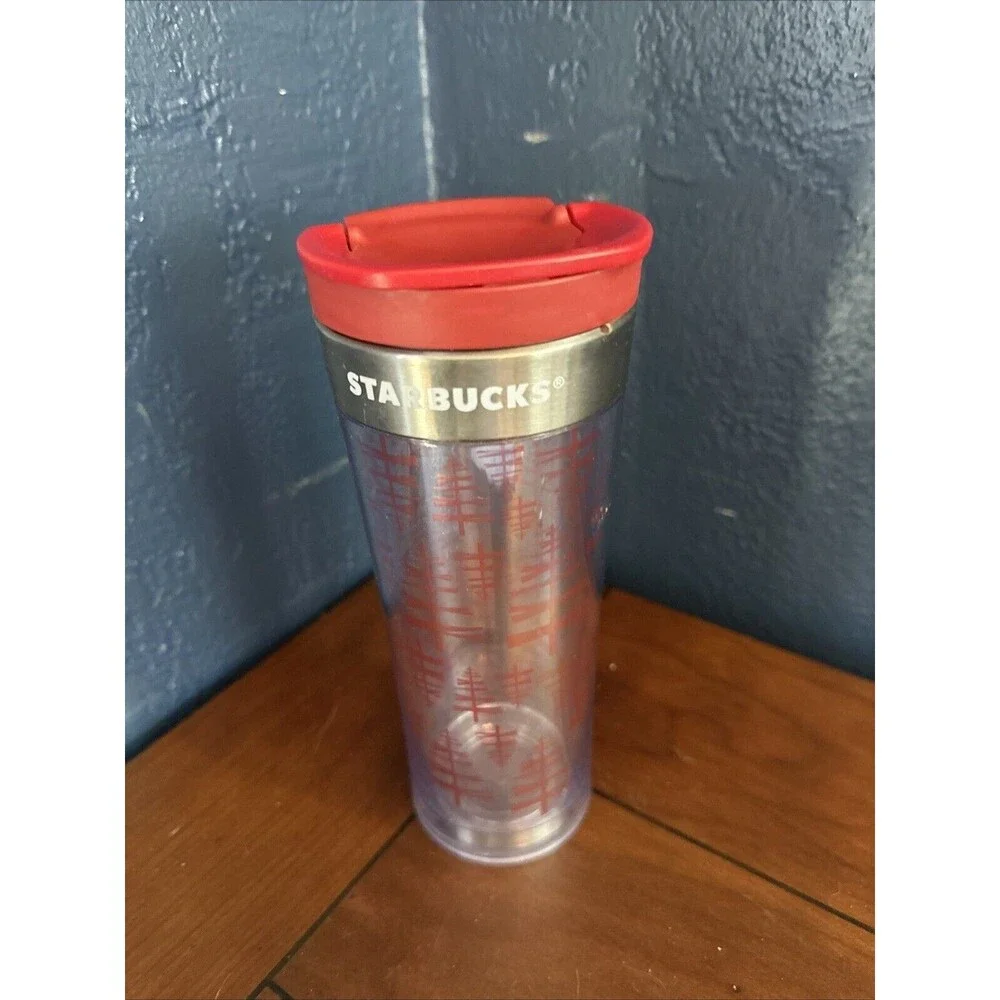 Starbucks Christmas Tumbler 2009 Red Pine Trees Holiday Plastic Travel Cup 12oz